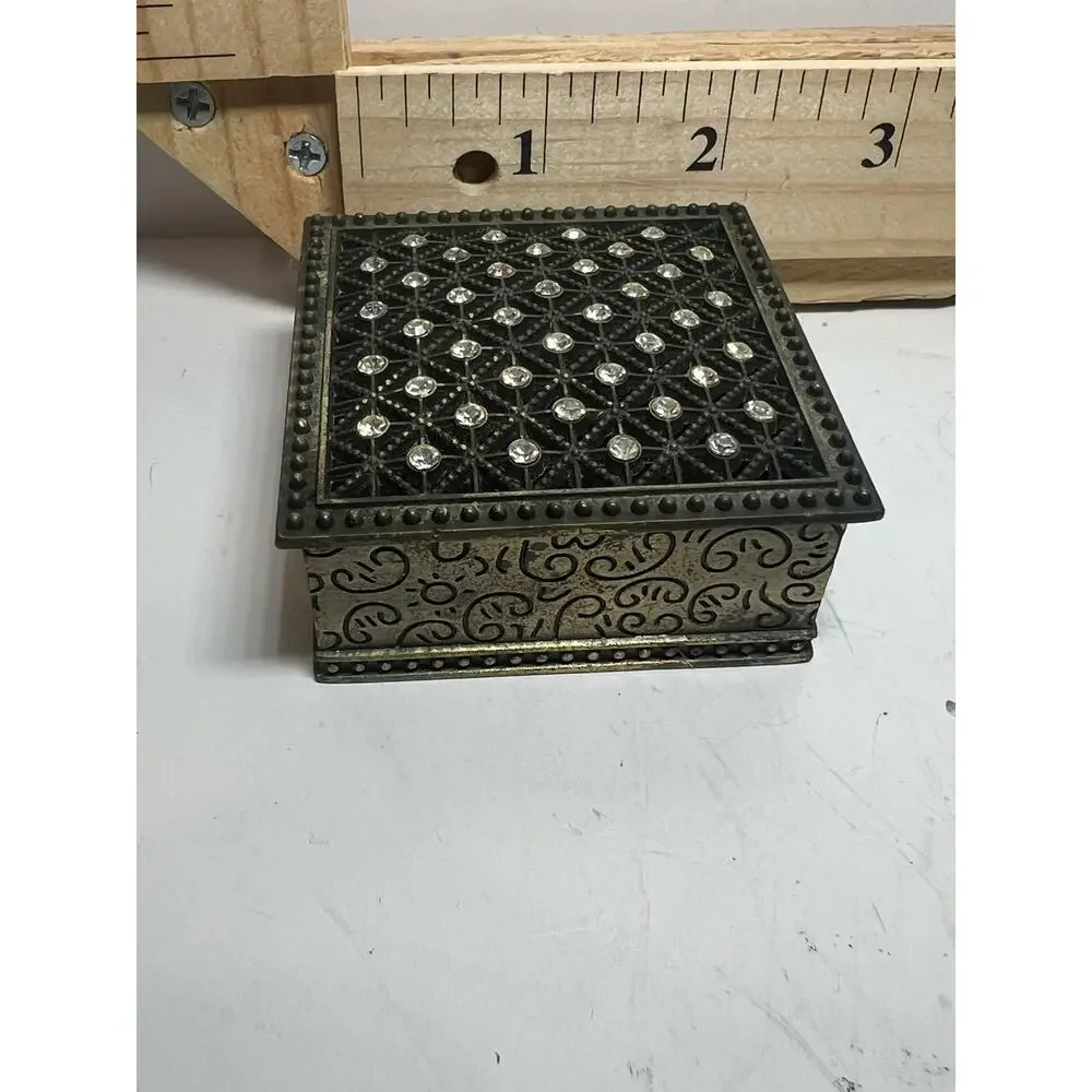 Vintage Metal Trinket Box with Rhinestones Small Decorative Jewelry Holder